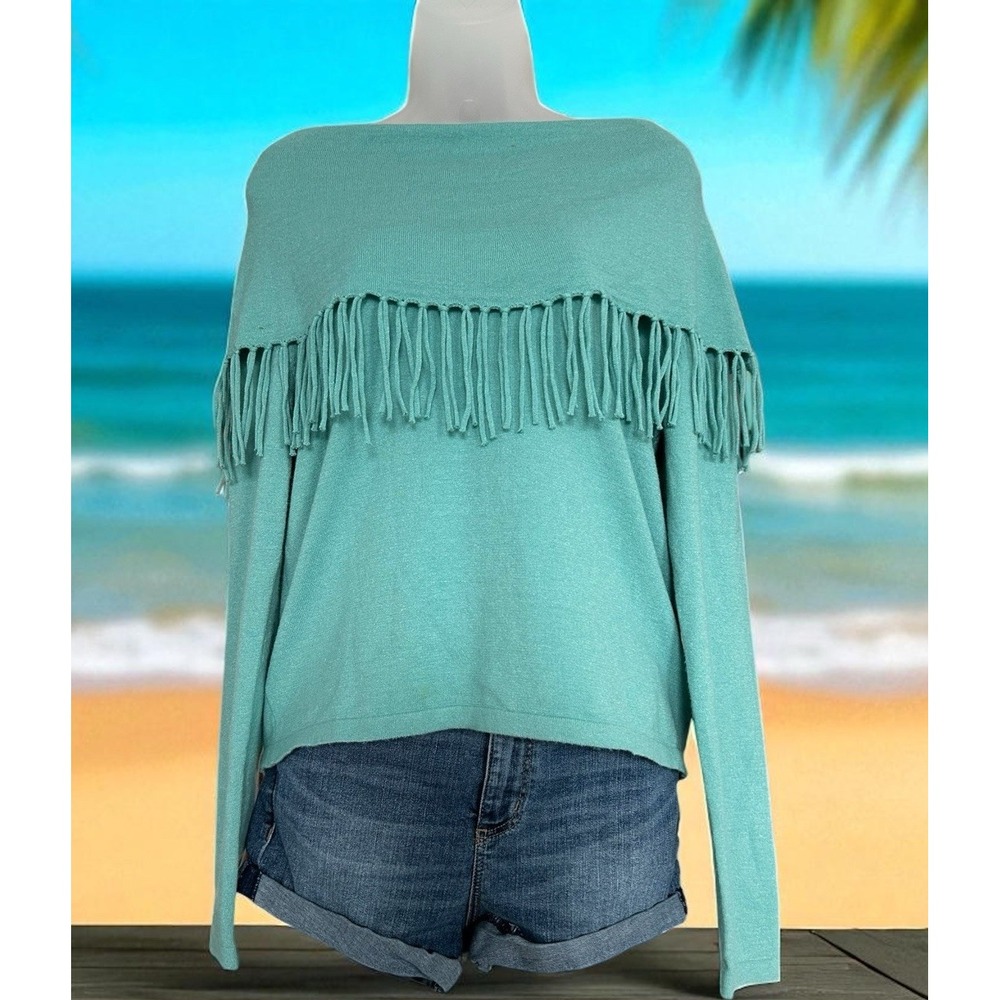 Bunulu Fringed V-Neck Sweater - Light Teal-NWT
